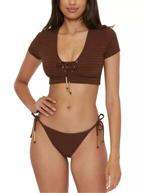 Trina Turk Glimmer Lace Up Swim Tee Bikini Set Totem Brown Gold Size 6
